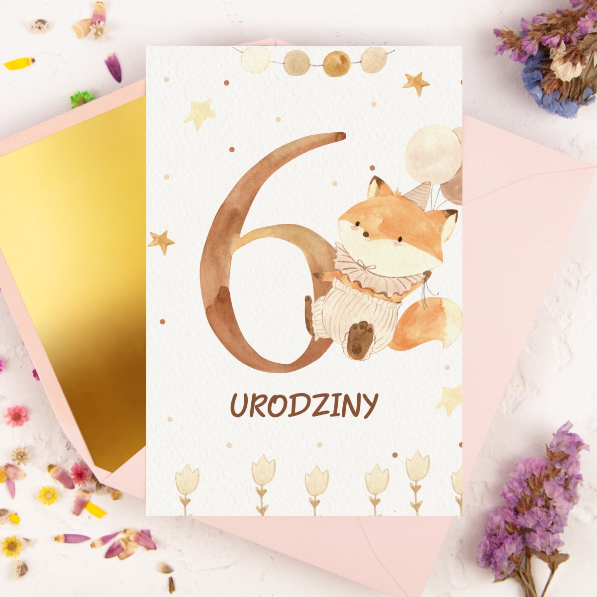 Kartka na szóste urodziny dziecka z cyfrą i małym liskiem - Little Fox